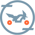 Icon of a motorbike inside of a circle with lines depicting motion.