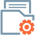 Icon of a folder containing a document with a gear in the bottom right corner. Icon of a folder containing a document with a gear in the bottom right corner.