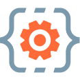 Icon of a gear inside of brackets. Icon of a gear inside of brackets.