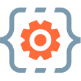 Icon of a gear inside of brackets. Icon of a gear inside of brackets.