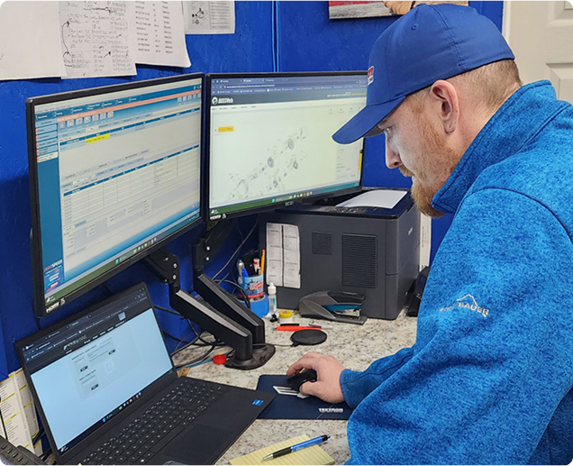 Image of a man working on a laptop in front of two computer monitors. Image of a man working on a laptop in front of two computer monitors.